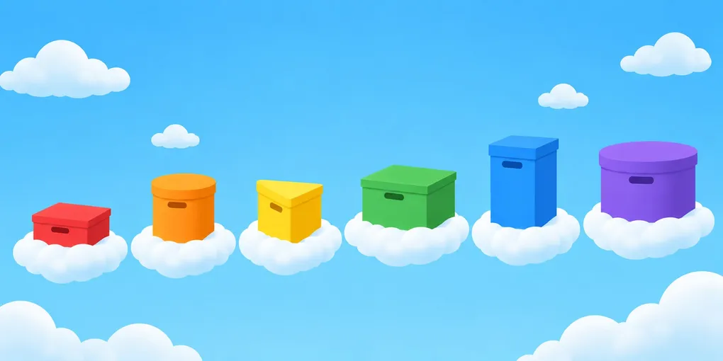 Six coloured storage boxes of different sizes, each on its own cloud